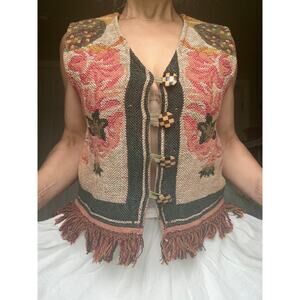 Vintage Tapestry Vest unique floral fringed wood buttons boho checkered Sz M